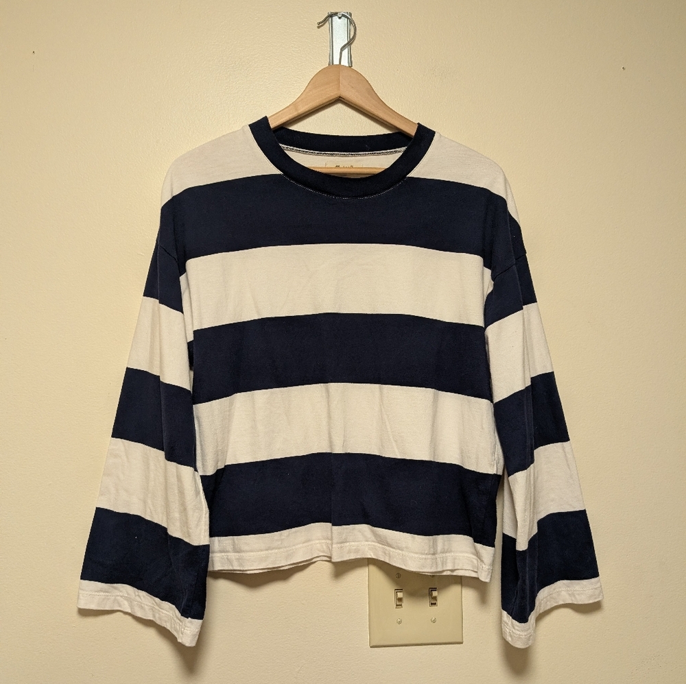 Madewell Wide Stripe Long Sleeve Cropped Tee Navy Cream Size M - Picture 2 of 6